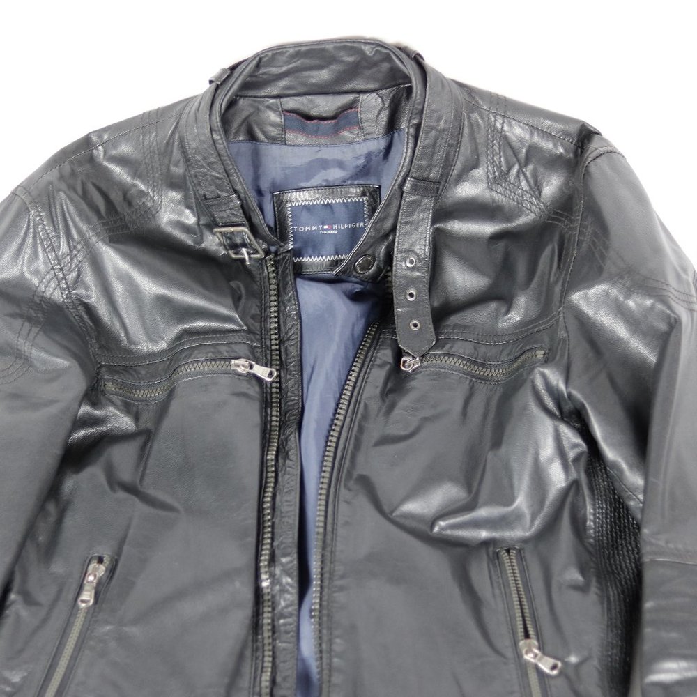 Tommy Hilfiger Black Leather Bomber Jacket, Size M